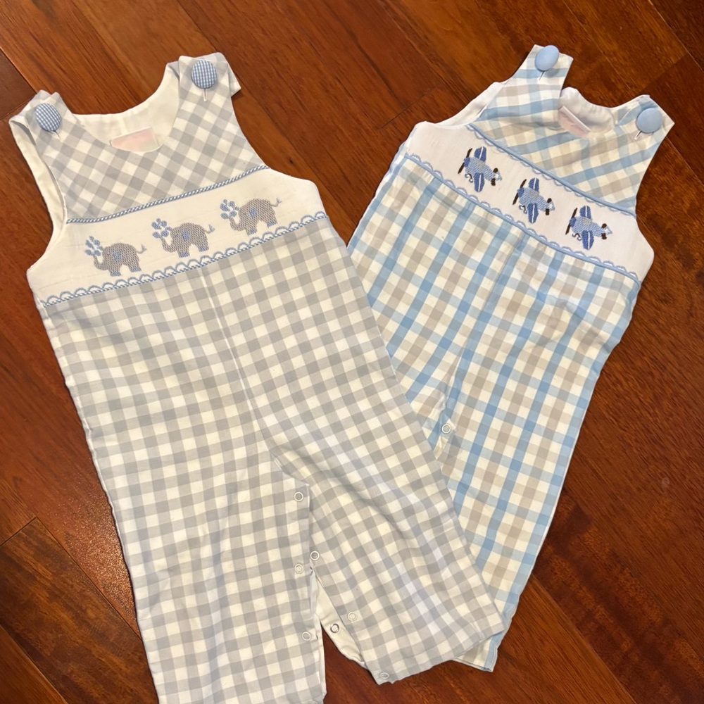 12M Shrimp and Grits Smocked Longalls - elephant and airplane